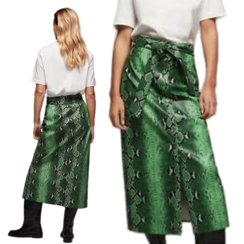 ZARA LIMITED EDITION GREEN SNAKESKIN PRINT FAUX LEATHER MIDI SKIRT SIZE M NWT